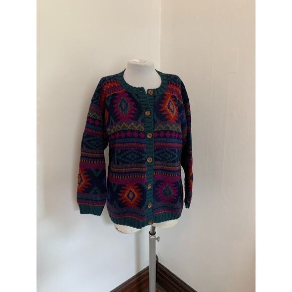 Y2K VTG Nomadic Traders Cardigan Sweater Geometric Aztec Knit Boho Wool Peru - Picture 8 of 15